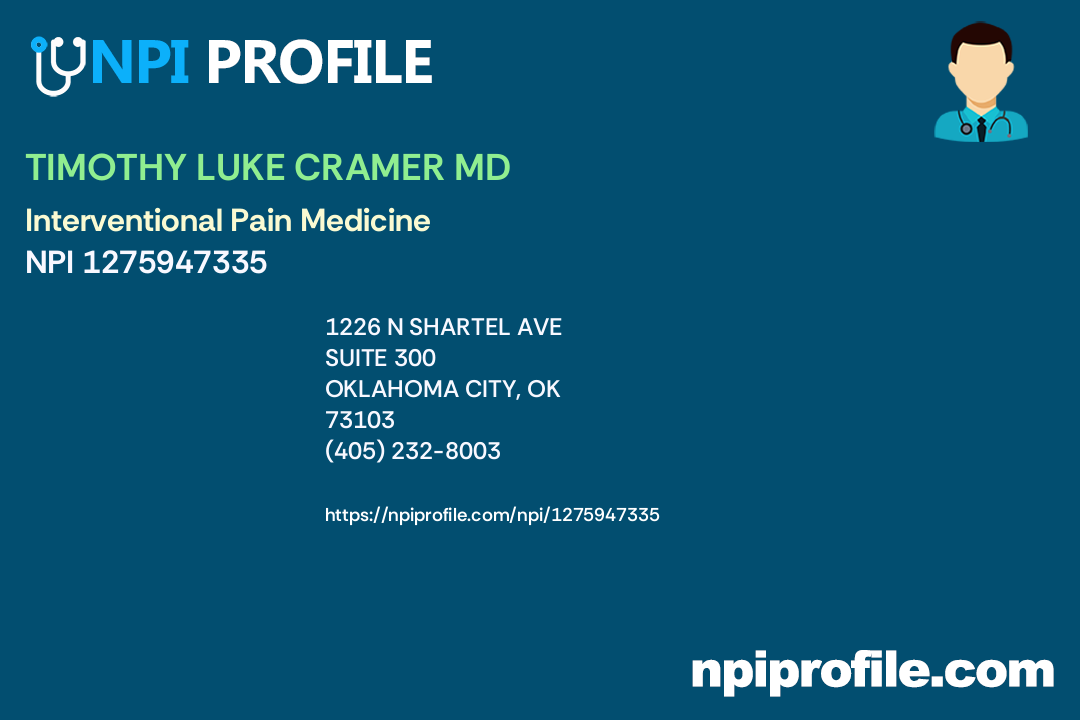 TIMOTHY LUKE CRAMER MD, NPI 1275947335 Pain Medicine in Oklahoma City, OK