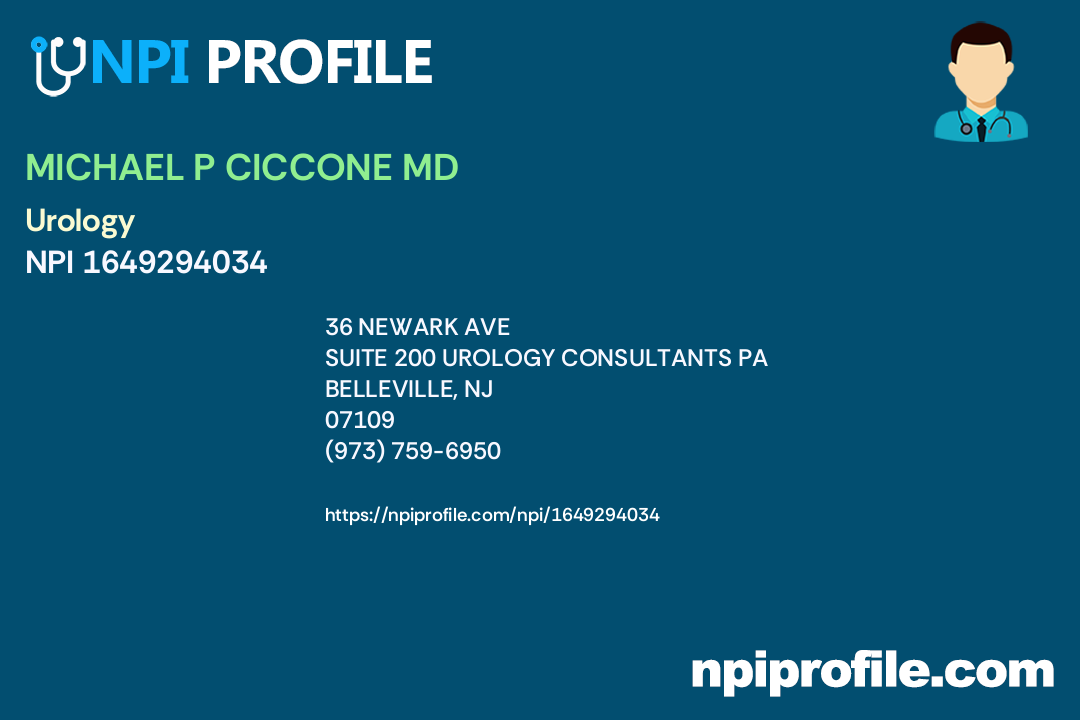 MICHAEL P CICCONE MD, NPI 1649294034 Urology in Belleville, NJ